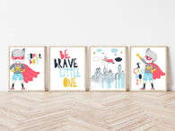 Super Boy Superhero Motivational Nursery Set of 4 Unframed Prints, Be Brave Little One