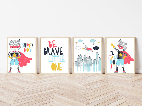 Super Boy Superhero Motivational Nursery Set of 4 Unframed Prints, Be Brave Little One