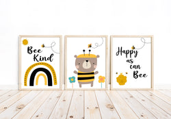 Cute Honeybee Bear Bee Kind Happy As Can Bee Nursery Decor Set of 3 Unframed Prints Kids Room Wall Art