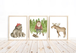 Lumberjack Bear and Moose Woodland Forest Animal Watercolor Wilderness Outdoor Themed Nursery Decor Set of 3 Unframed Prints