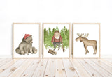 Lumberjack Bear and Moose Woodland Forest Animal Watercolor Wilderness Outdoor Themed Nursery Decor Set of 3 Unframed Prints