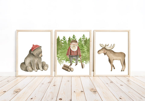 Lumberjack Bear and Moose Woodland Forest Animal Watercolor Wilderness Outdoor Themed Nursery Decor Set of 3 Unframed Prints