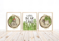 Little Bear Cave Bear Woodland Forest Animal Watercolor Lumberjack Wilderness Outdoor Themed Nursery Decor Set of 3 Unframed Prints