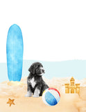 Black and White Doodle Puppy Dog at Beach Watercolor Dog Illustration Unframed Print Nursery Decor, Kid's Bedroom, Laundry Room or Dog Lover
