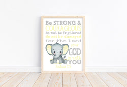 Watercolor Elephant Baby Yellow and Gray Christian Nursery Decor Unframed Print - Be Strong and Courageous Joshua 1:9