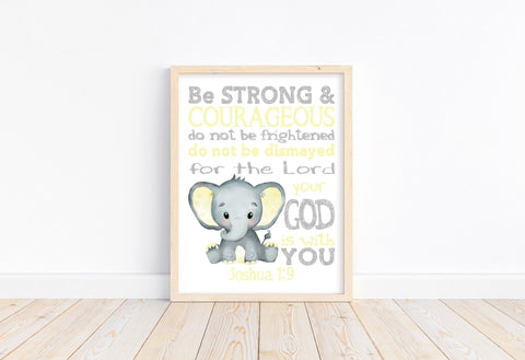 Watercolor Elephant Baby Yellow and Gray Christian Nursery Decor Unframed Print - Be Strong and Courageous Joshua 1:9