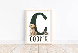 Personalized Watercolor Yellow Lab Puppy and Duckling Rustic Wilderness Outdoor Hunting Nursery Decor Unframed Print - Baby Name and Initial