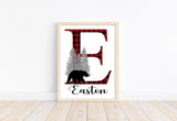 Personalized Woodland Bear Buffalo Plaid Baby Boy Nursery Decor Wall Art Print - Baby Name Letter Initial Monogram Rustic Outdoor Theme