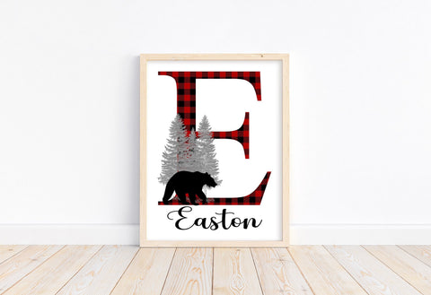 Personalized Woodland Bear Buffalo Plaid Baby Boy Nursery Decor Wall Art Print - Baby Name Letter Initial Monogram Rustic Outdoor Theme