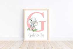 Personalized Watercolor Elephant Tropical Floral Baby Girl Nursery Unframed Print - Baby Name Initial Monogram