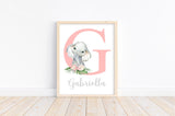 Personalized Watercolor Elephant Tropical Floral Baby Girl Nursery Unframed Print - Baby Name Initial Monogram