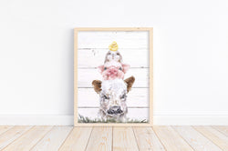 Peekaboo Farm Animal Stack Watercolor Rustic Shiplap Nursery Decor Unframed Print, Cow, Pig, Bunny Rabbit and Chicken