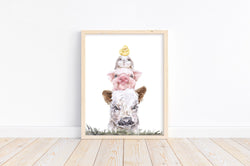 Peekaboo Farm Animal Stack Watercolor Rustic Nursery Decor Unframed Print, Cow, Pig, Bunny Rabbit and Chicken