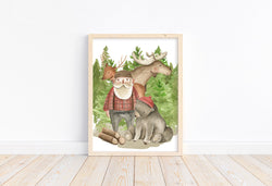 Lumberjack Bear and Moose Woodland Forest Animals Watercolor Wilderness Outdoor Themed Nursery Decor Unframed Print