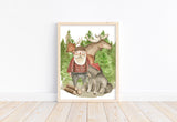 Lumberjack Bear and Moose Woodland Forest Animals Watercolor Wilderness Outdoor Themed Nursery Decor Unframed Print