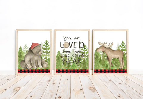 Bear Moose Woodland Forest Animal Watercolor Outdoor Themed Nursery Decor Set of 3 Unframed Prints We Love You More Than We Can Bear