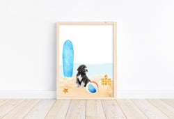 Black and White Doodle Puppy Dog at Beach Watercolor Dog Illustration Unframed Print Nursery Decor, Kid's Bedroom, Laundry Room or Dog Lover