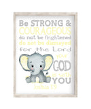 Watercolor Elephant Baby Yellow and Gray Christian Nursery Decor Unframed Print - Be Strong and Courageous Joshua 1:9