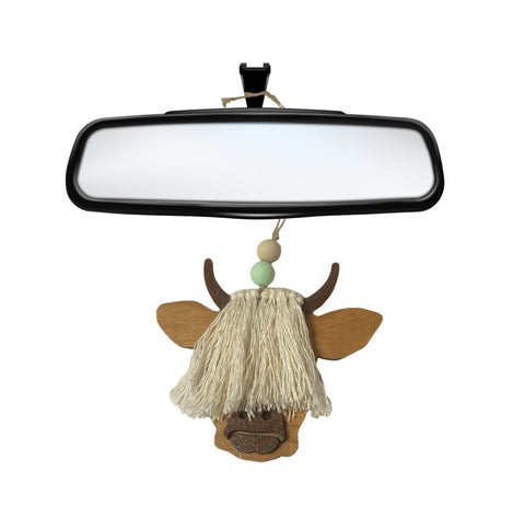 Highland Cow Car Charm, Rearview Mirror Cow Charm Ornament with Mint and Beige Silicone Beads