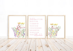 Hold Her a Little Longer Nursery Decor for a Baby Girl Room Nursery Quote Pink Wildflower Nursery Wall Art Set of 3 Unframed Prints
