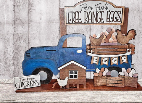 Interchangeable Farm Truck with Chickens inserts, Free Range Eggs, Old Truck, Fresh Eggs, Farmhouse Decor, Tabletop, Shelf Sitter, Mantel