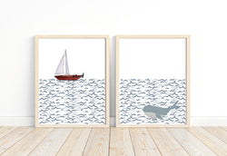 Nautical Waves Sailboat and Whale Watercolor Nursery Set of 2 Unframed Prints, Minimalist Nautical Themed Home Decor
