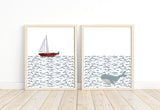 Nautical Waves Sailboat and Whale Watercolor Nursery Set of 2 Unframed Prints, Minimalist Nautical Themed Home Decor