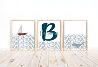 Personalized Nautical Waves Sailboat and Whale Watercolor Nursery Set of 3 Unframed Prints, Minimalist Nautical Themed Home Decor