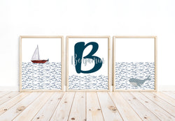 Personalized Nautical Waves Sailboat and Whale Watercolor Nursery Set of 3 Unframed Prints, Minimalist Nautical Themed Home Decor