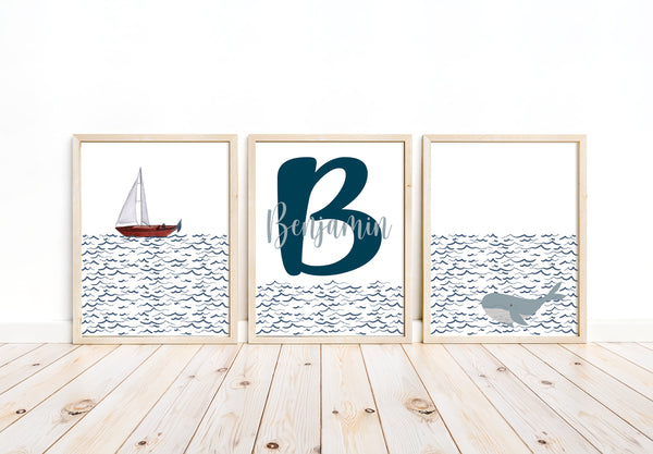 Personalized Nautical Waves Sailboat and Whale Watercolor Nursery Set of 3 Unframed Prints, Minimalist Nautical Themed Home Decor