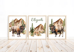 Personalized Watercolor Buffalo Nursery Bison Little Boys Room Set of 3 Unframed Prints Rustic Outdoor Cactus Boho Themed Decor