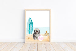 Bearded Collie Puppy Dog at Beach Watercolor Dog Illustration Unframed Print, Nursery Decor, Kid's Bedroom, Laundry Room or Dog Lover