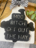 Moo Bitch Get Out The Hay Cow Ear Tag Car Charm for Rearview Mirror Funny Western Themed Cow Print with Black and White Wood Beads Plaid Bow