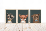 Watercolor Bear Fox Raccoon Woodland Baby Forest Animal Portrait Nursery Decor Set of 3 Unframed Prints