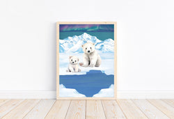 Watercolor Polar Bear Polar Arctic Animal Nursery Unframed Print with Aurora Borealis Sky