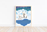 Watercolor Polar Bear Polar Arctic Animal Nursery Unframed Print with Aurora Borealis Sky