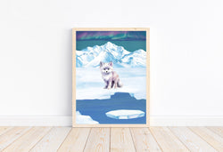 Watercolor Arctic Fox Polar Arctic Animal Nursery Unframed Print with Aurora Borealis Sky