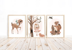 Watercolor Woodland Deer and Girl with Forest Animals Watercolor Nursery Decor Set of 3 Unframed Prints