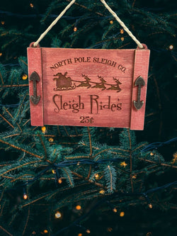 North Pole Sleigh Rides Noodle Board Christmas Ornament Cute Christmas Tree Ornament Hand Painted Farmhouse Decor