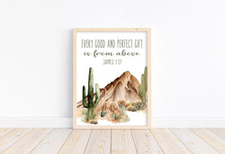Watercolor Buffalo Bison Nursery Unframed Print Rustic Outdoor Cactus Themed Christian Decor Every Good and Perfect Gift James 1:17