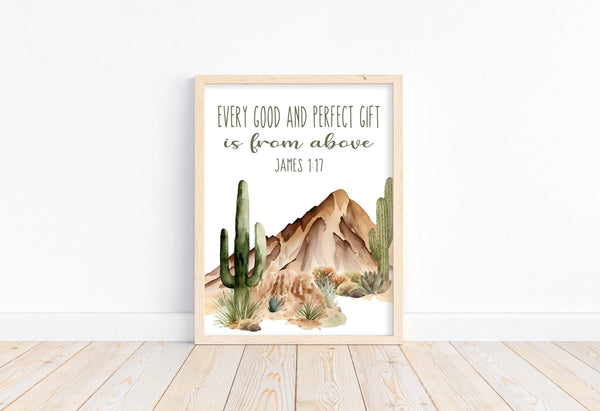 Watercolor Buffalo Bison Nursery Unframed Print Rustic Outdoor Cactus Themed Christian Decor Every Good and Perfect Gift James 1:17