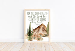 Watercolor Buffalo Bison Nursery Unframed Print Rustic Outdoor Cactus Themed Christian Decor For this Child I Prayed 1 Samuel Bible Verse