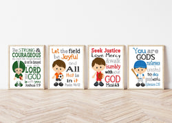 Sports Christian Bible Verses Nursery Little Boys Room Set of 4 Unframed Prints Football, Baseball, Soccer and Basketball