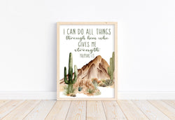 Watercolor Buffalo Bison Nursery Unframed Print Outdoor Cactus Themed Christian Decor I Can Do All Things Through Christ Philippians 4:13