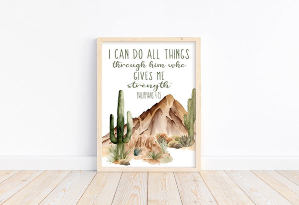 Watercolor Buffalo Bison Nursery Unframed Print Outdoor Cactus Themed Christian Decor I Can Do All Things Through Christ Philippians 4:13