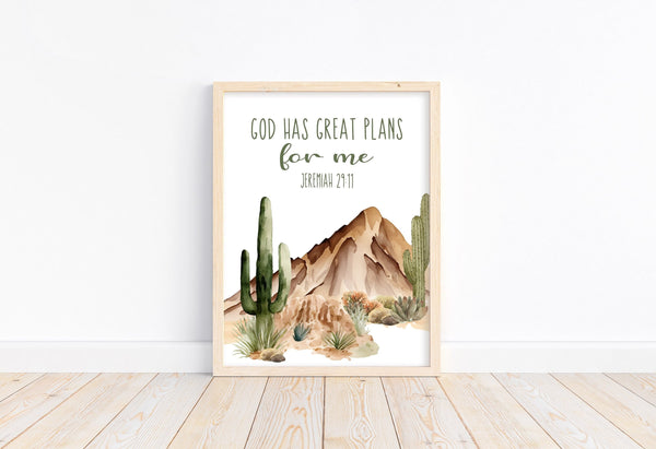 Watercolor Buffalo Bison Nursery Unframed Print Outdoor Cactus Themed Christian Decor God Has Great Plans For Me Jeremiah 29:11