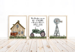 Barnyard Rustic Farm Nursery Decor Set of 3 Christian Farmhouse Unframed Prints Watercolor Barn Green Tractor Windmill - 2 Timothy 2:1