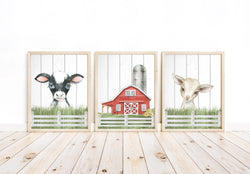 Rustic Farm Watercolor Nursery Decor Set of 3 Unframed Farmhouse Prints Cow, Goat, Barn, Shiplap