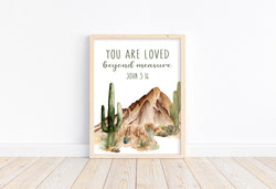 Watercolor Buffalo Bison Nursery Unframed Print Outdoor Cactus Themed Christian Decor You Are Loved Beyond Measure John 3:16 Bible Verse