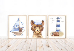 Watercolor Nautical Woodland Animals Sailor Bear Nursery Decor Set of 3 Unframed Prints Lighthouse Sail Boat